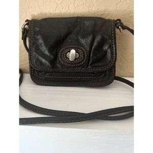Vintage Fossil Black Leather Crossbody‎ Bag Small Flap Purse Turn Lock